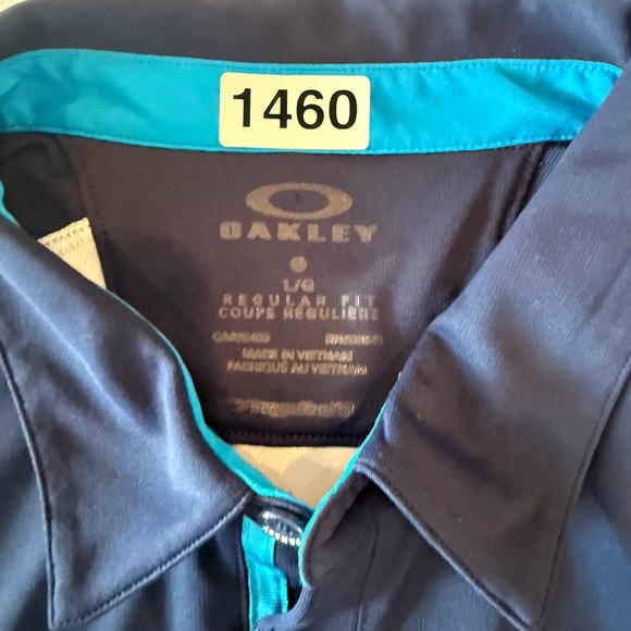 Mens Oakley Polo Shirt L Blue White Striped Golf Athletic Performance Stretch - Picture 6 of 6